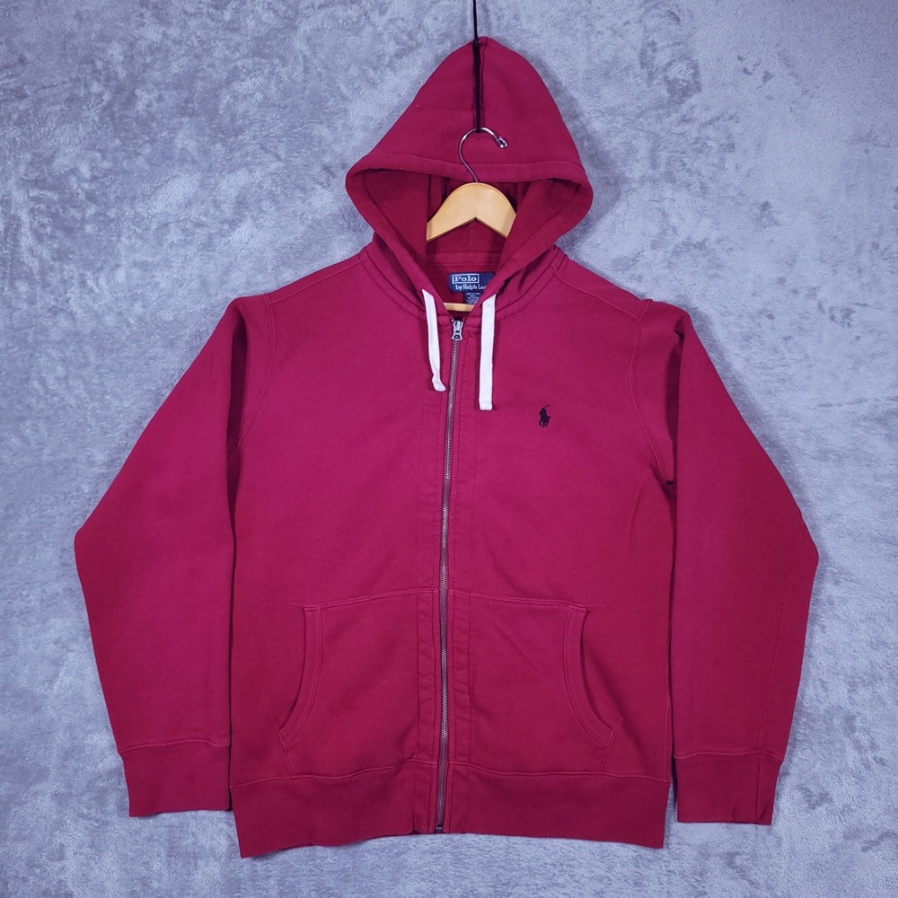 Vintage Polo Ralph Lauren Hoodie Men L Red Full Zip Pony Logo Fleece Waffle Hood